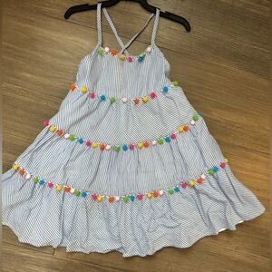Tommy Bahama Blue and White Striped Dress with Pom Accent 4t